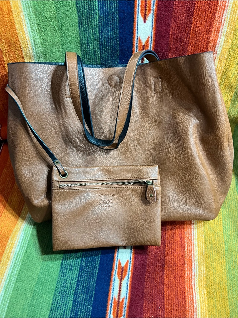 REVERSIBLE G.H. Bass & Co. Tan/Black Leather Tote with Black-Trim Handles